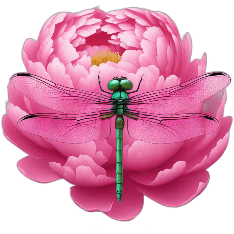 Dragonfly is sitting in middle of the pink peony emoji