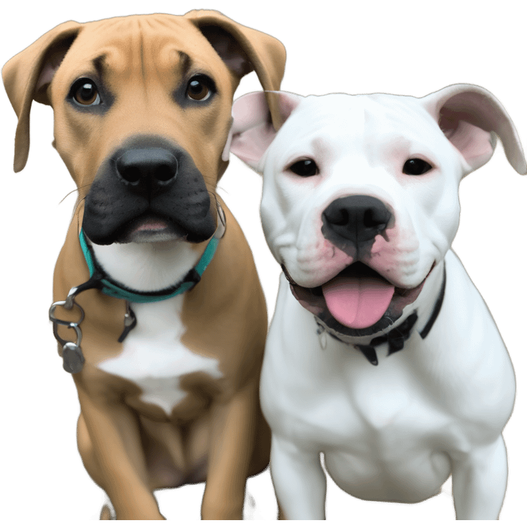 Black mouth cur puppy next to black and white smiling pit bull emoji