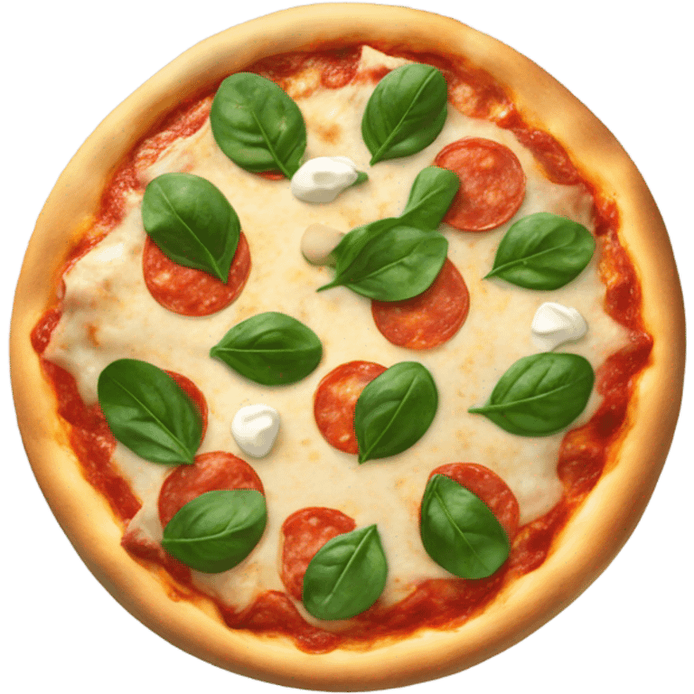 Pizza with mozzarella circles and spinach emoji