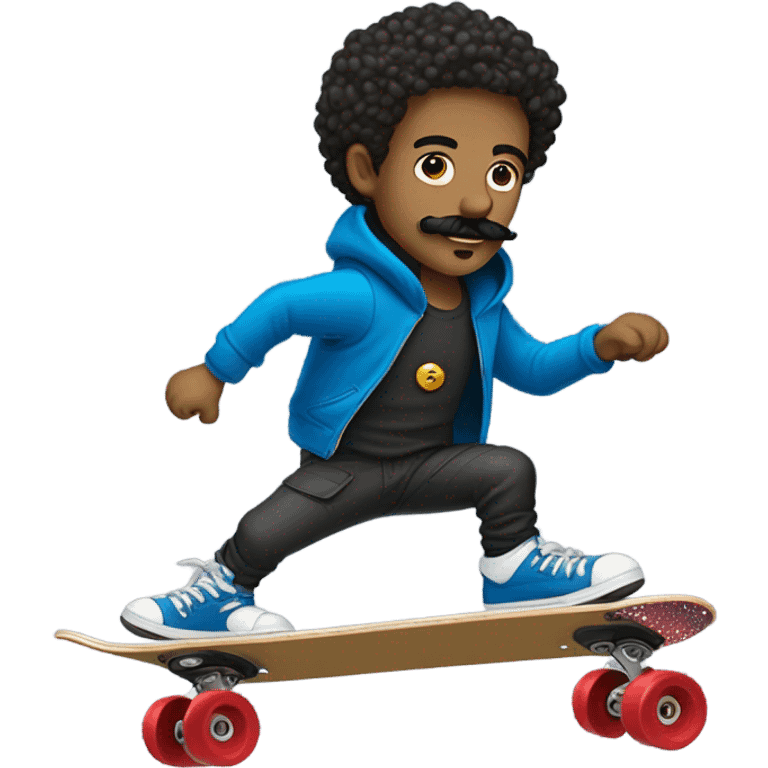 Italian guy with mustache skateboarding short curly hair with gold sparkly helmet and red wheels black cargo pants and blue sweatshirt emoji