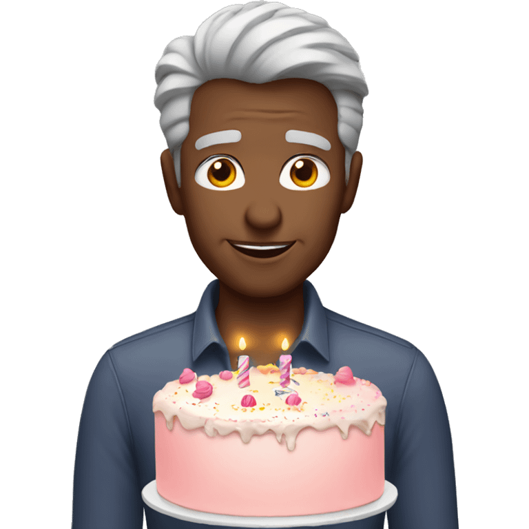 Gray haired with birthday cake emoji