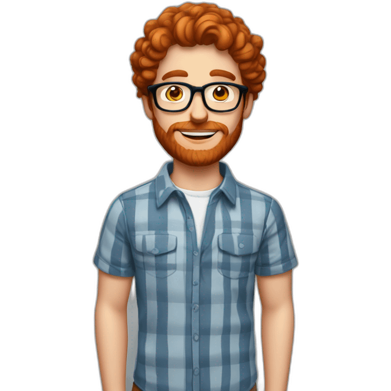 man. around 25. redhead. blue eyed man. short mid curly hair. with beard and glasses. scarlet checked shirt emoji