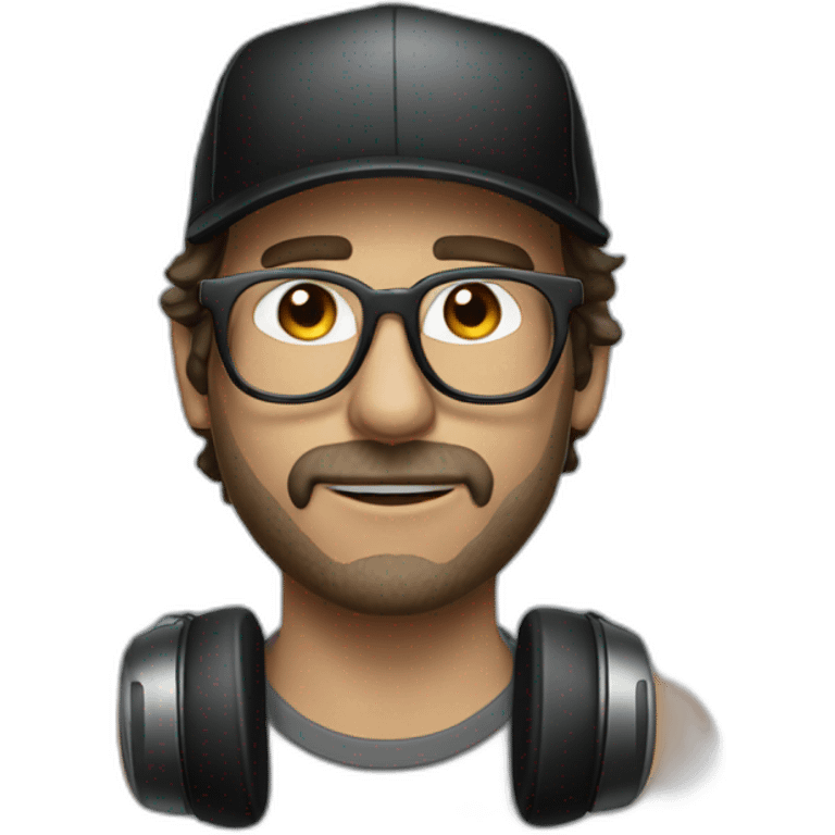 scruffy man in a backwards baseball black hat and rectangle glasses wearing headphones with microphone emoji