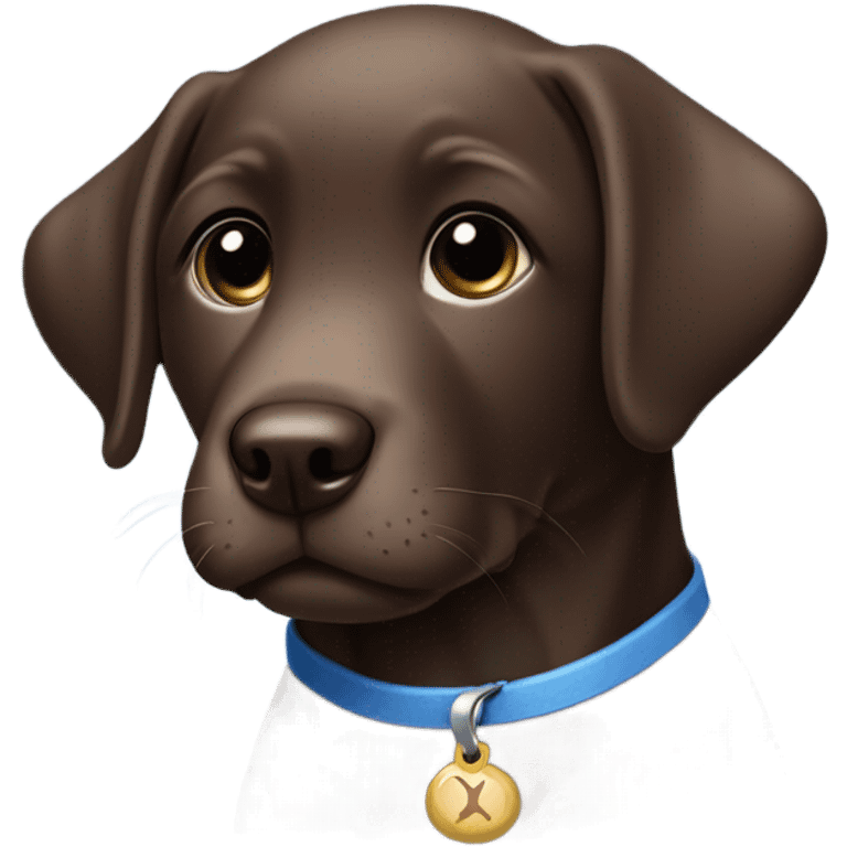 Chocolate labrador cute puppy with small white patch of fur on chest and blue small collar emoji