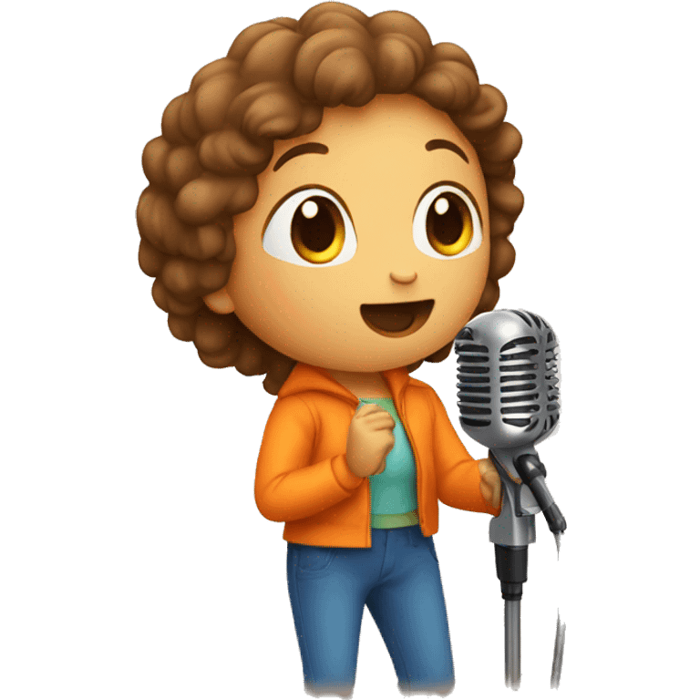 child in orange clothes singing in mocrophone emoji