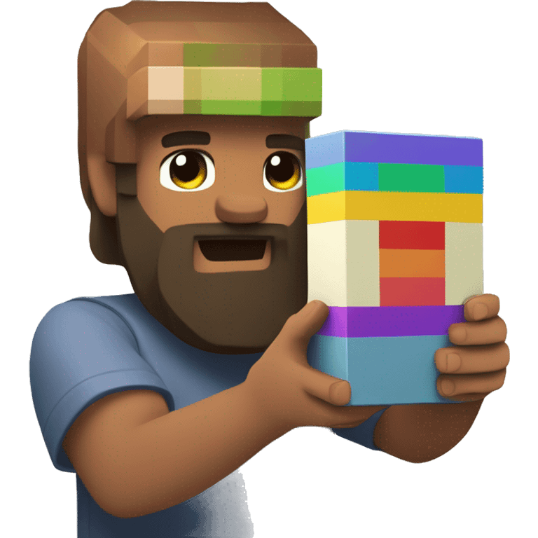 rainbow behind a bearded man holding a minecraft block emoji