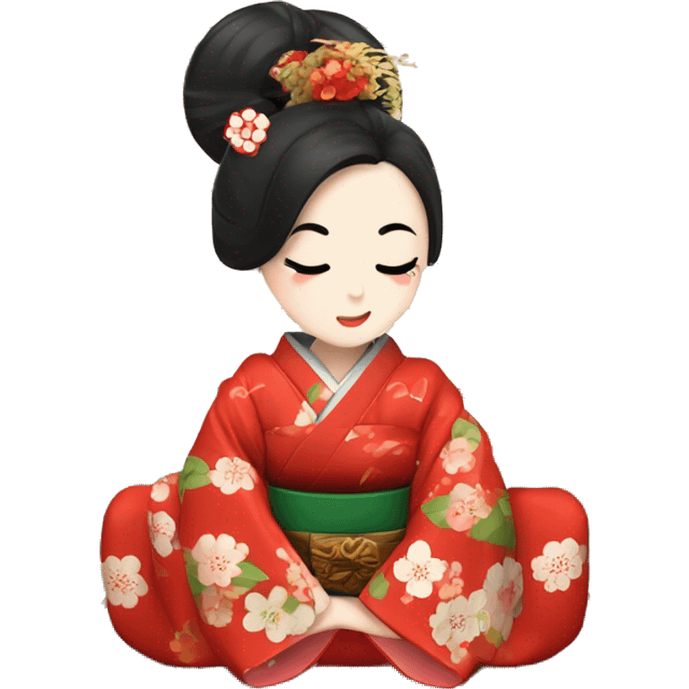 Geisha con kimono rojo. ojos verdes. haciendo ceremonia del té en casa tradicional japonesa  emoji