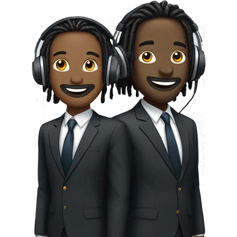 Two well-dressed individuals in suits. One individual wearing shoulder length dread locks. Both wearing headphones for a podcast. Happy faces.  
 emoji