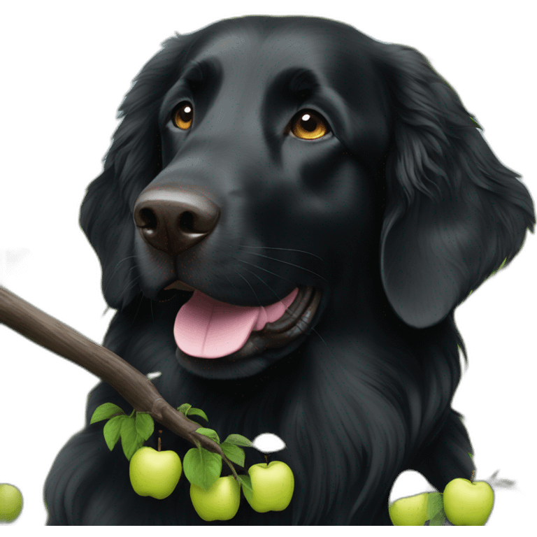 Black flat coated retriever in an apple tree emoji