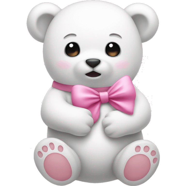 Baby bear with a bow holding a  white ghost emoji that has a pink bow emoji