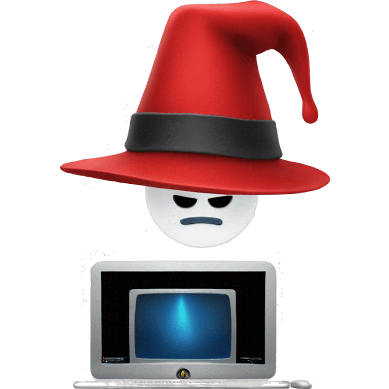 red Magic hat in front of computer emoji