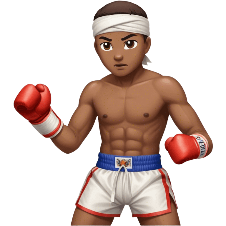 ​Cinematic Realistic Traditional Muay Thai Fighter such as Buakaw Banchamek, depicted in authentic attire featuring white bandaged gloves wrapped around his fists, a traditional headband tied neatly, and classic Muay Thai shorts, captured in a dynamic fighting stance under dramatic, high-energy lighting that highlights the raw power and elegance of the art, emoji