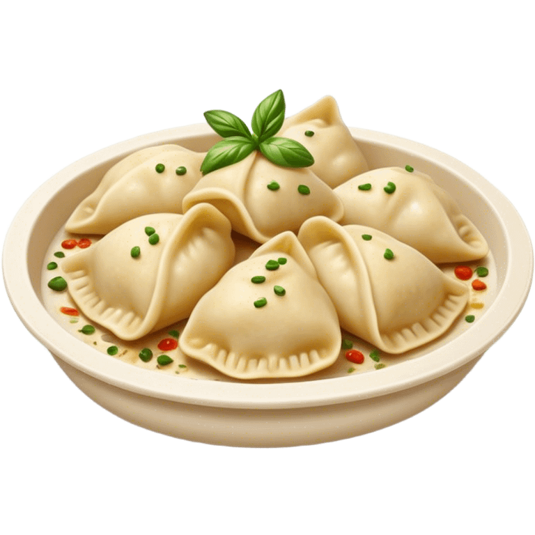 Cinematic Realistic Pierogi Dish Emoji, depicted as tender dumplings filled with savory ingredients rendered with lifelike textures and warm, inviting lighting. emoji