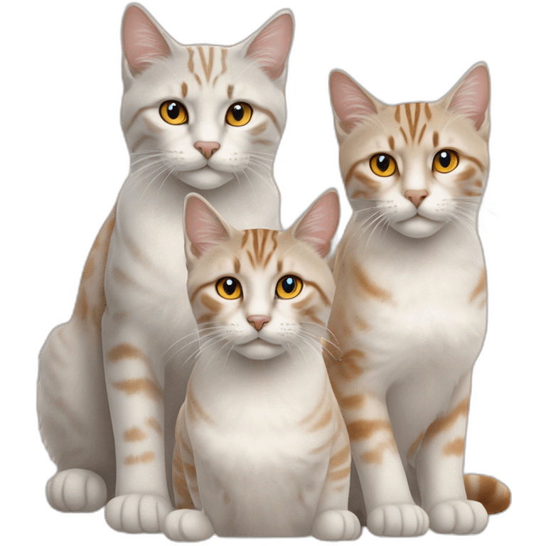 three cats sitting together, 1 lynx point with blue eyes, 1 orange and white tabby with yellow eyes, 1 all orange with orange eyes emoji