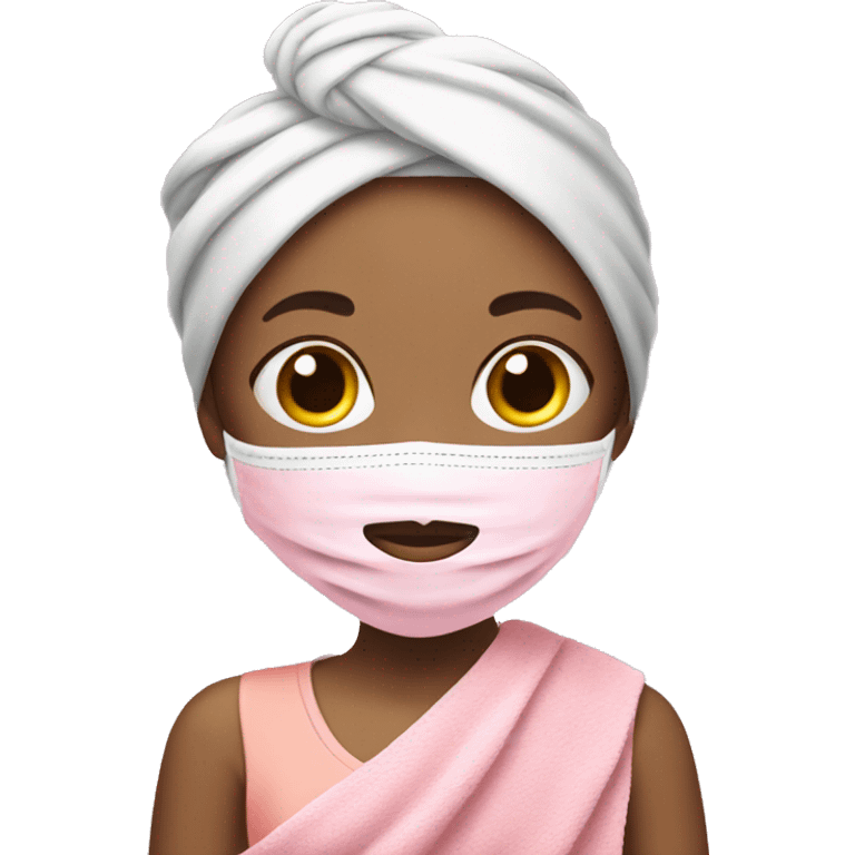 Girl with pink face mask and hairtowel emoji