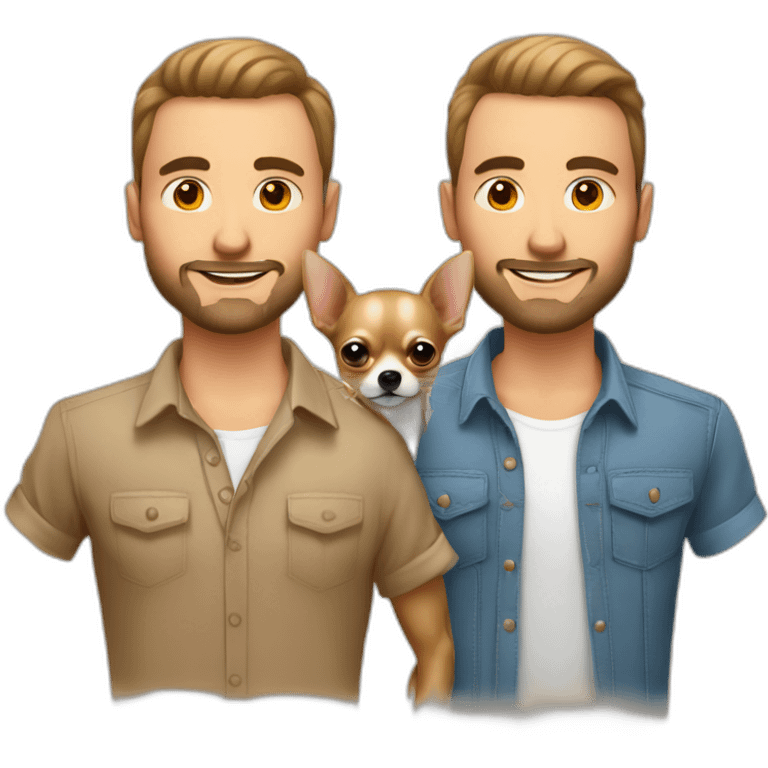 Couple hommes gay avec un chihuahua poils longs couleur sable emoji