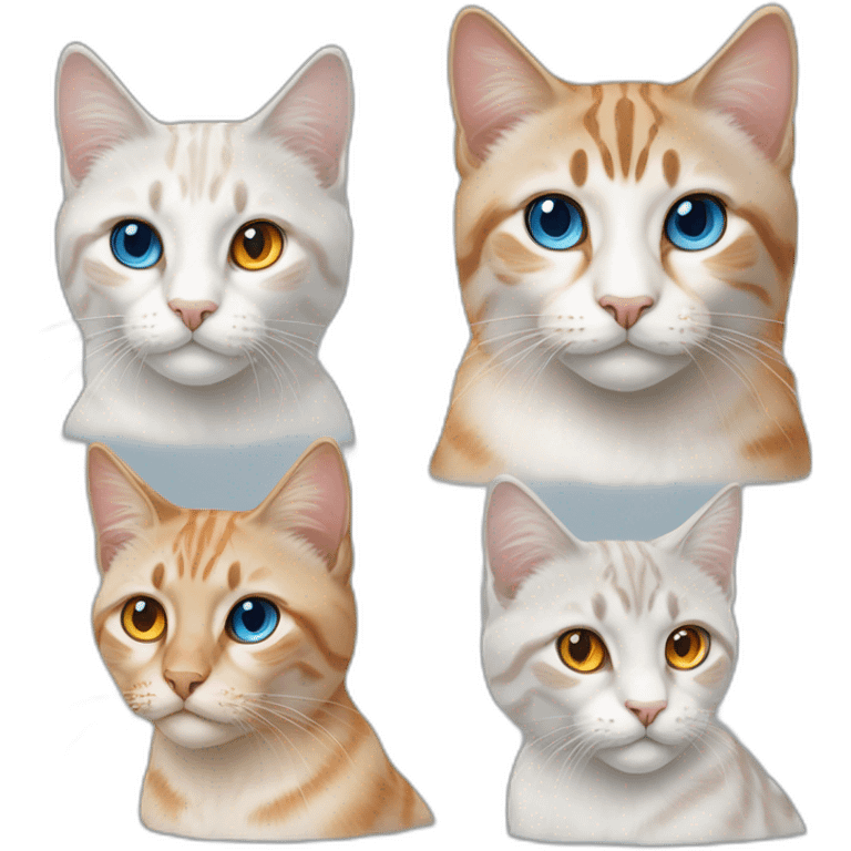 three cats, 1 lynx point with blue eyes, 2 orange and white with yellow eyes, 3 all orange with orange eyes emoji