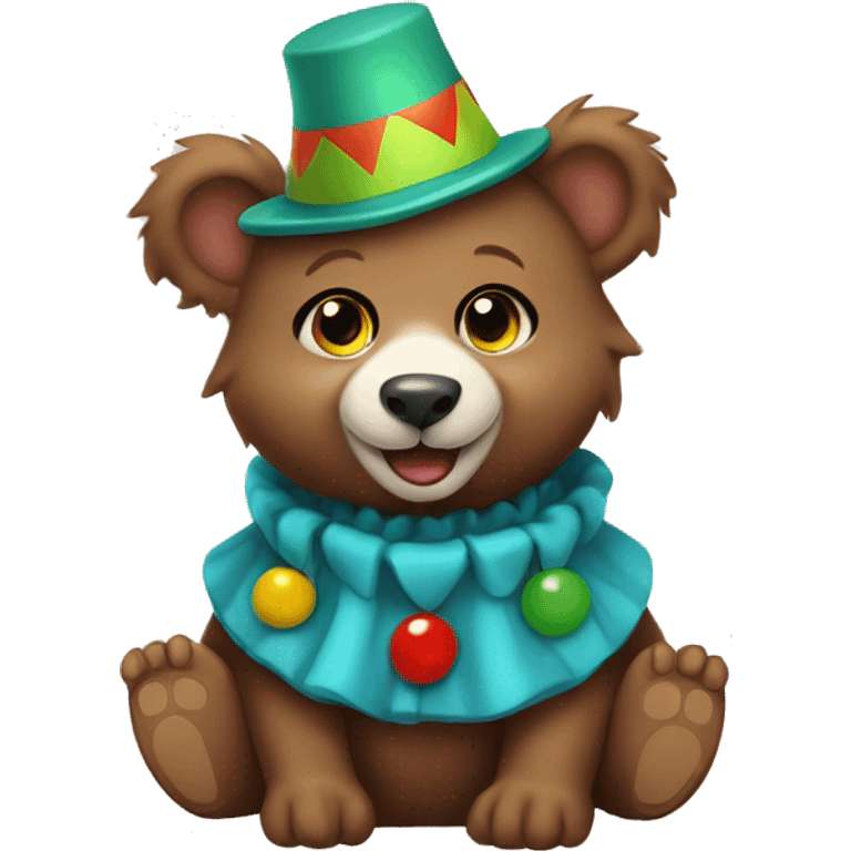 Brown baby bear. Wearing jester collar and a clown hat.  emoji