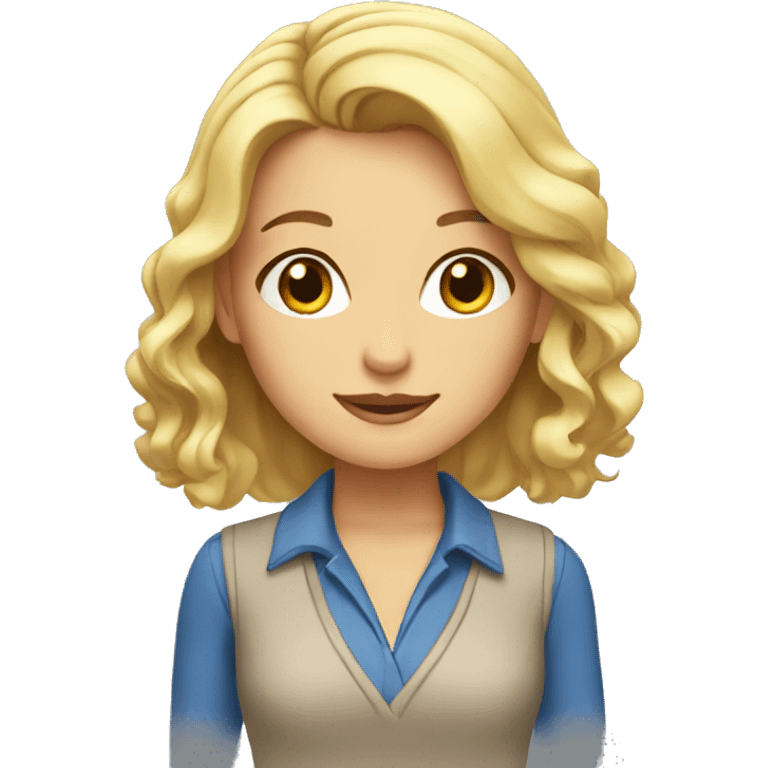 a blonde character with brown eyes working on the notebook emoji