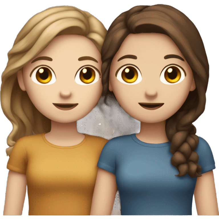 Two girls with white skin hugging each other one has wavy brown hair and the other has straight brown hair emoji