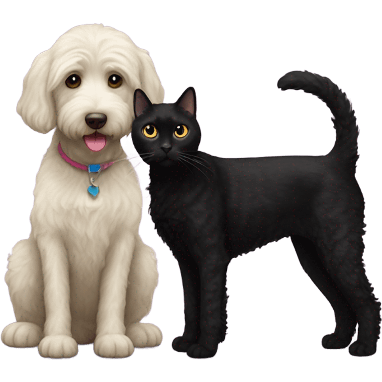 Black labradoodle next to black cat emoji