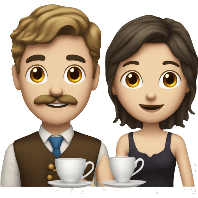 a white brunette girl and a white boy with dark blond hair and a mustache drinking together a cup of tea emoji