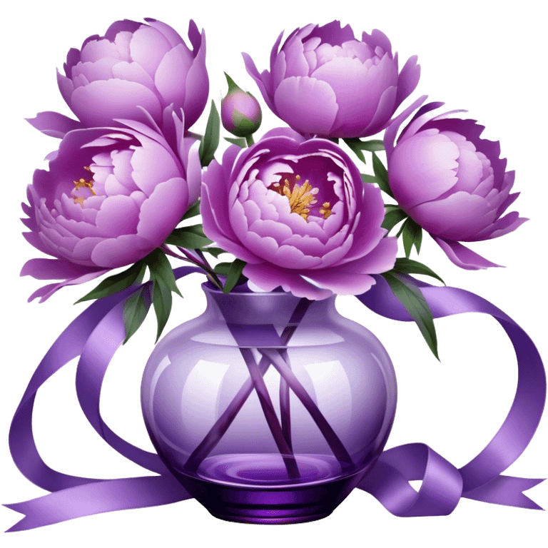 "Abstract peonies in shades of light purple and lavender, blending like soft brushstrokes. A glowing purple glass vase with surreal reflections, wrapped in a weightless, swirling satin ribbon."
 emoji