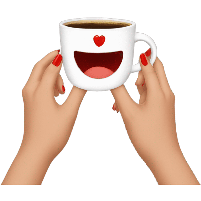 Two hands with red nails holding a coffee cup emoji