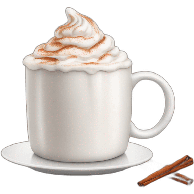 white mug of hot chocolate with whipped cream and cinnamon emoji