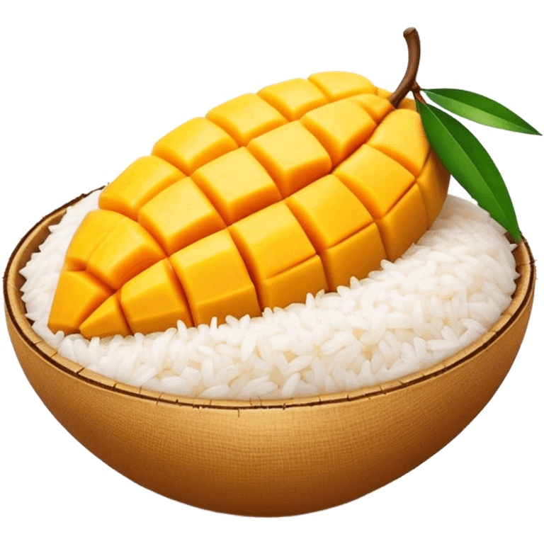 Cinematic Realistic Mango Sticky Rice Dessert Emoji, showcasing sweet sticky rice paired with ripe mango slices and coconut milk rendered with lifelike detail and warm, inviting lighting. emoji