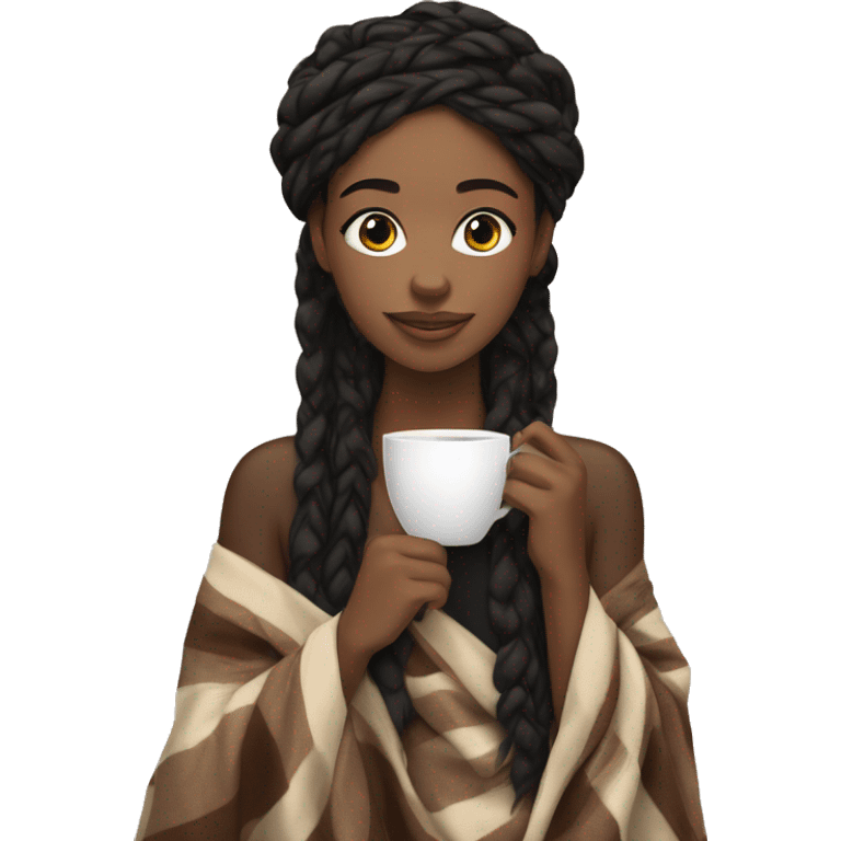 African American girl with black medium knotless braids drinking coffee with a blanket around her head and body  emoji