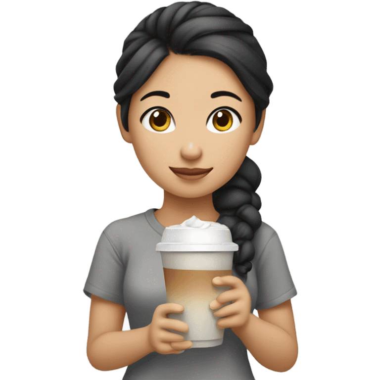 an asian girl with black hair tied in bun wearing a cute gray shirt holding a cup of iced coffee in her hand emoji