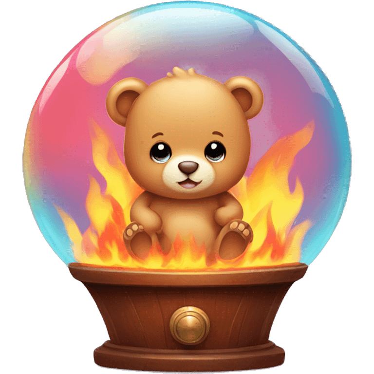 Kawaii colorful baby bear in a fire globe emoji