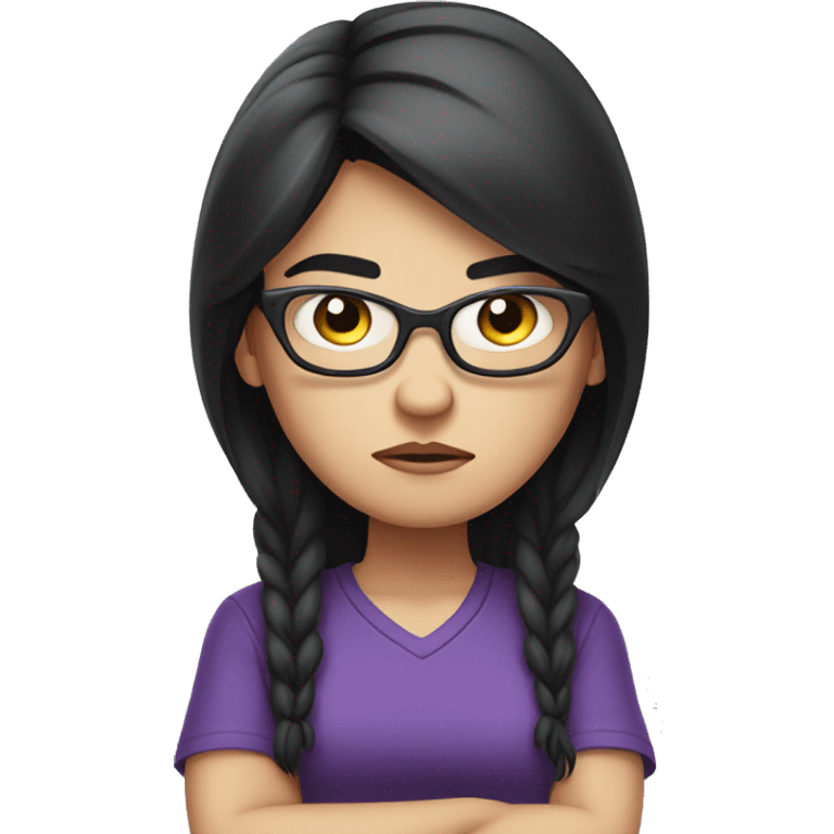 Angry scowling white girl, purple t-shirt, long black hair, wearing glasses, with arms crossed over chest. emoji