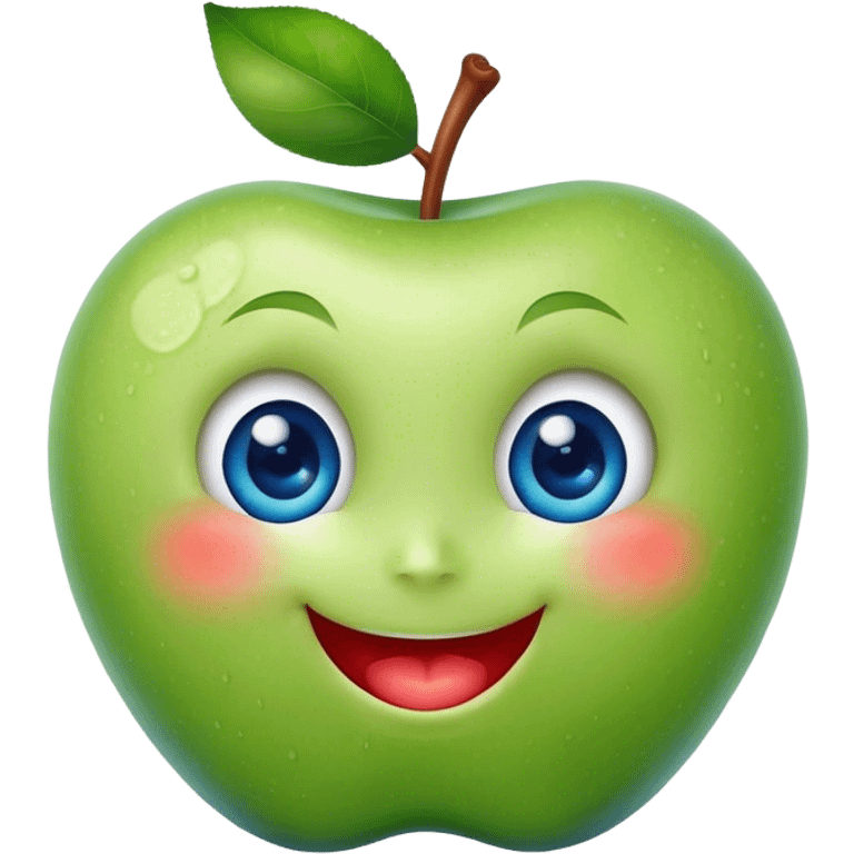 A cute green apple with a big smile and blue expressive big eyes emoji