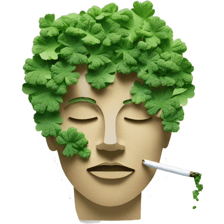 Person face portrait smoking chill made entirely of paper cuttings and 420 leaves and broccoli and green flowers, holographic emoji