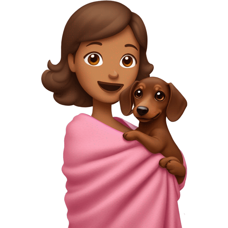 a woman with brown hair is cradling her puppy in a pink baby blanket. the puppy is a brown dachshund dog. the woman is smiling with mouth ajar. you can see the woman cradling the puppy like a baby from her waist up.  emoji