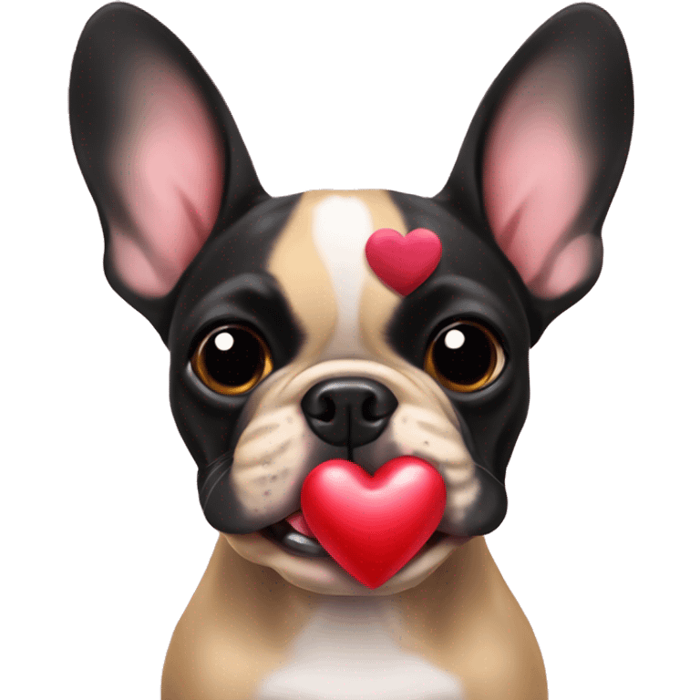 Black and tan colored French bulldog holding Valentine in mouth emoji