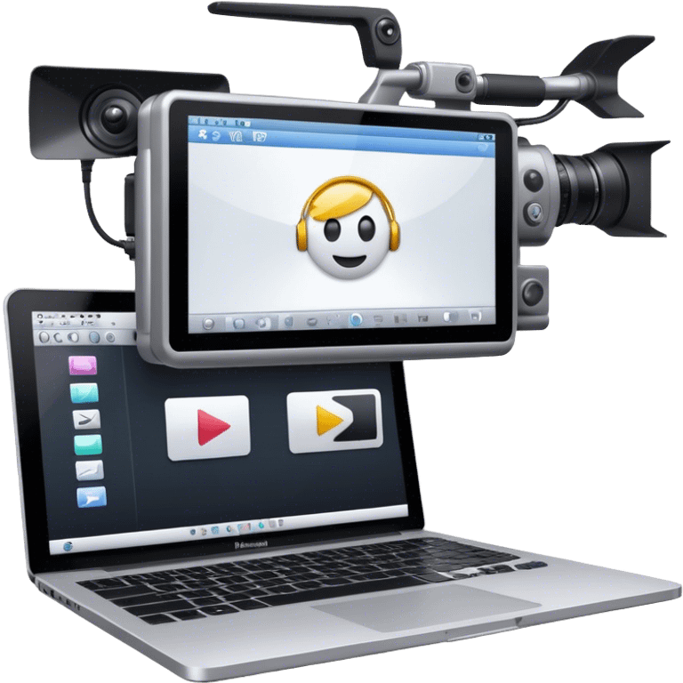 Create an emoji of video editing. Should feature a video editing timeline or interface on a computer screen, showing clips and a playhead. Include a video camera and editing tools. No any smiley faces in emoji. Make the background transparent. emoji