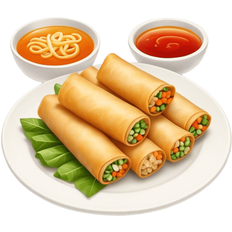 Cinematic Realistic Spring Rolls Dish Emoji, featuring golden, crispy rolls filled with fresh vegetables rendered with detailed textures and warm natural lighting. emoji