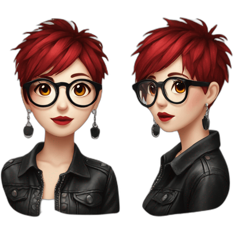 Punk female earrings glasses,red and black short hair, emoji