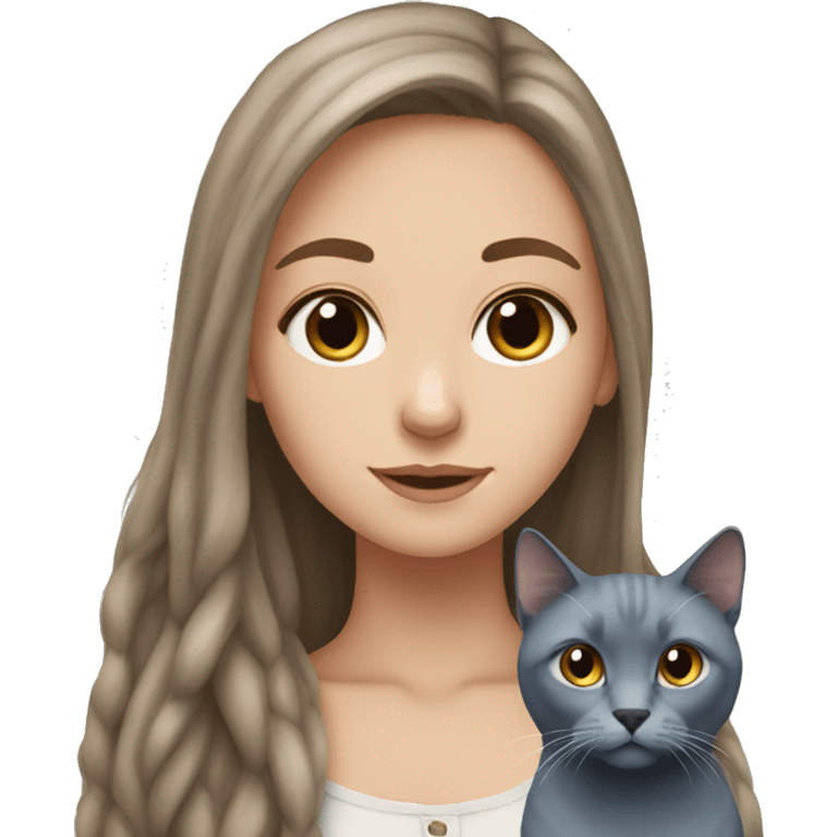 White girl who Has Brown long hair and russian blue cat together emoji