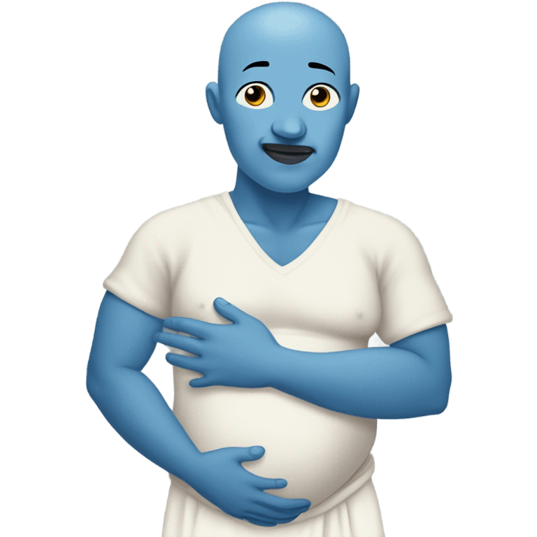 a blue skinned man with a stoic expression , pregnant, rubbing his belly. Bald. Side profile like the pregnant male emojji, cartoonishly simple face, they are rubbing the belly like a pregnant mother emoji