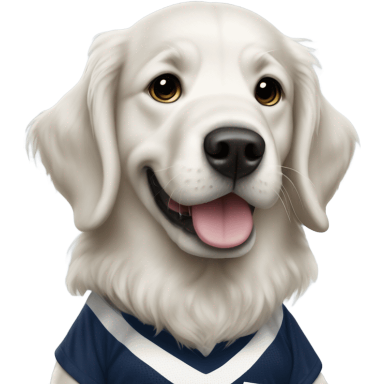 white golden retriever dressed in a dallas cowboy football player emoji