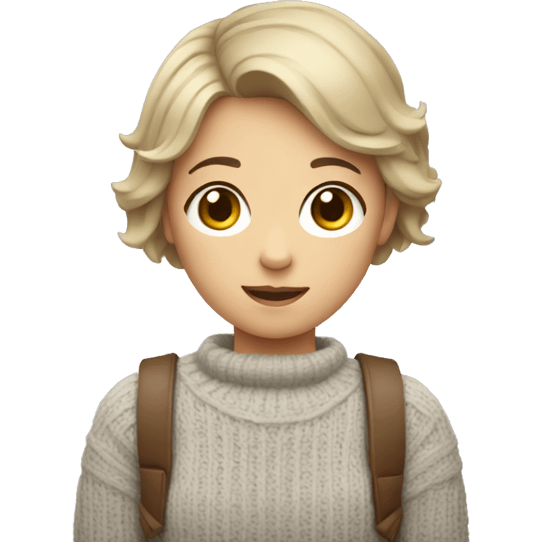 A girl with short hair in a sweater with a camera in her hands emoji