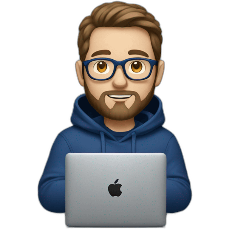 Brown hair white man with a beard and round glasses typing on apple computer wearing a dark blue nike hoodie emoji