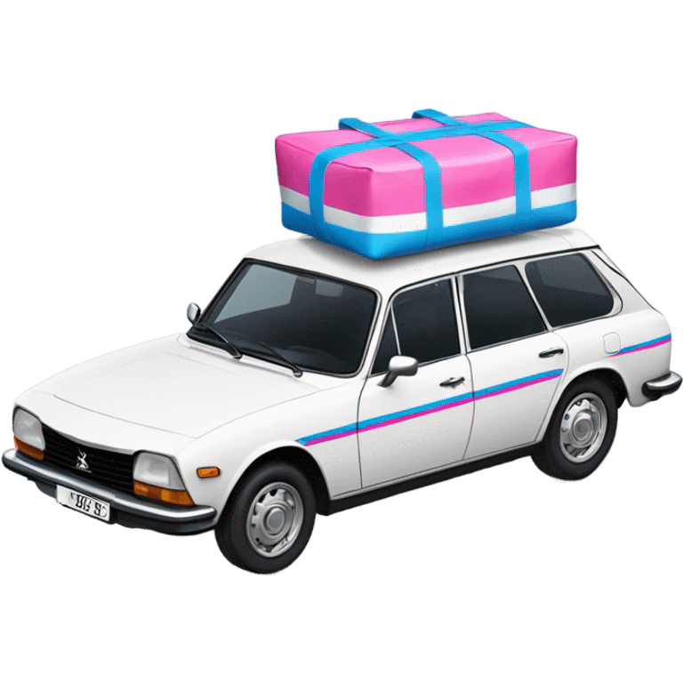 a white peugeot 504 break car with stripped pink and blue bags on the roof emoji