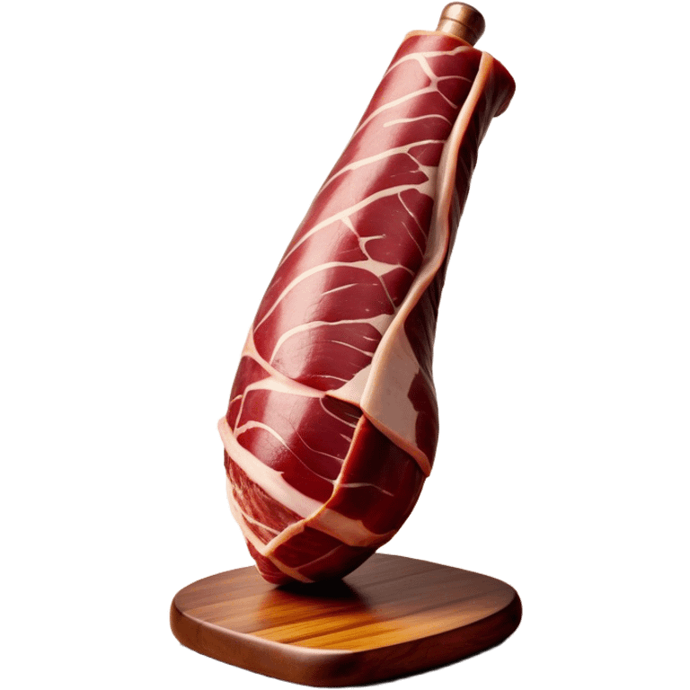 ​Cinematic Realistic Spanish Jamón Leg, depicted as a massive, cured leg of Jamón serrano with a deep reddish-brown hue, intricately marbled and slightly glossy with age, elegantly displayed on a rustic wooden stand and bathed in warm, soft lighting that accentuates its artisanal heritage, emoji