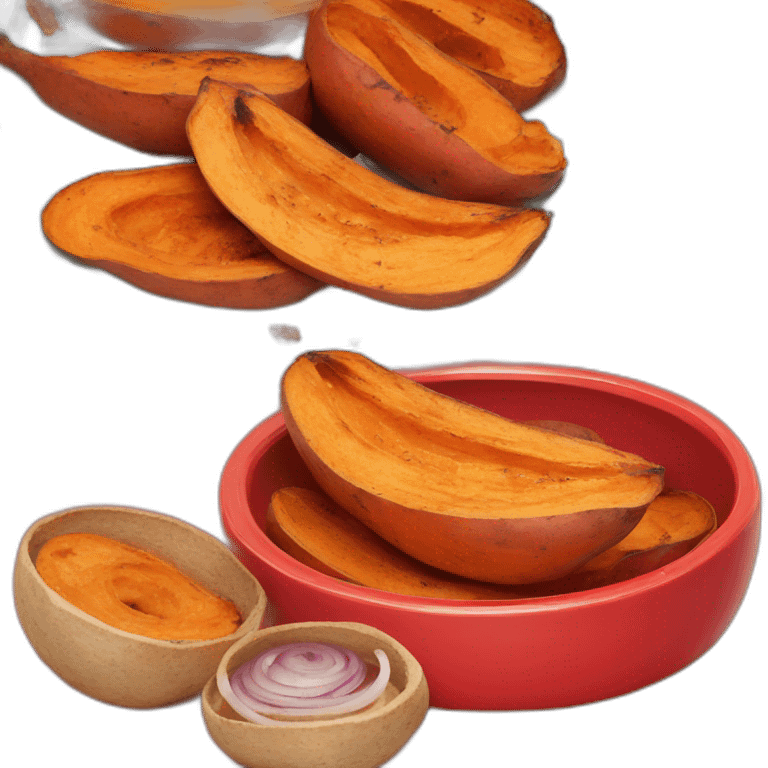 grilled sweet potatoes in a red plate with onion rings emoji