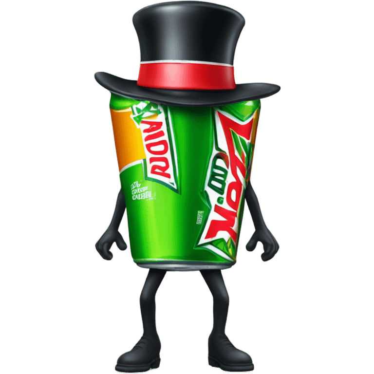 Mountain dew can with legs and arms while wearing a top hat emoji